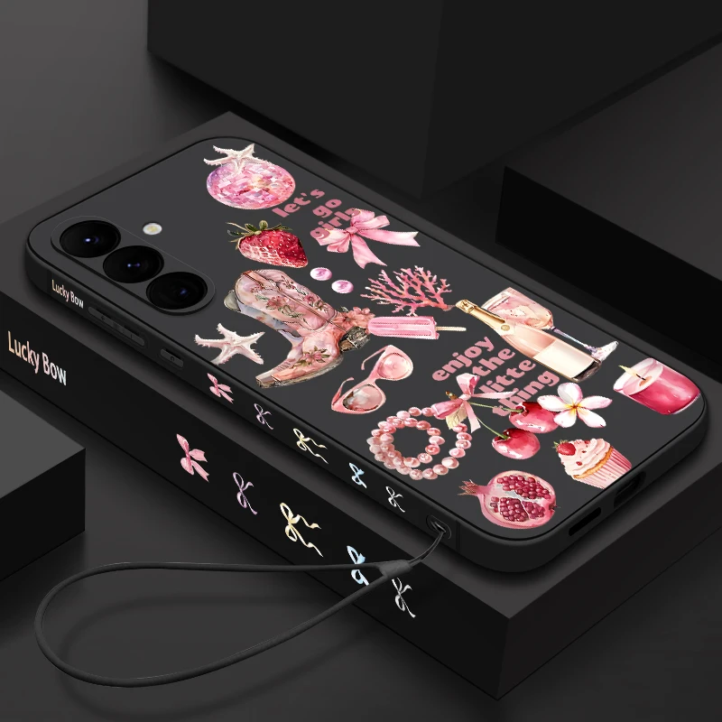 Strawberry Cherry Print Phone Case For Samsung Galaxy S25 FE S26 S24 S23 S22 Ultra A57 A17 A56 A16 A55 A15 A36 TPU Lanyard Cover