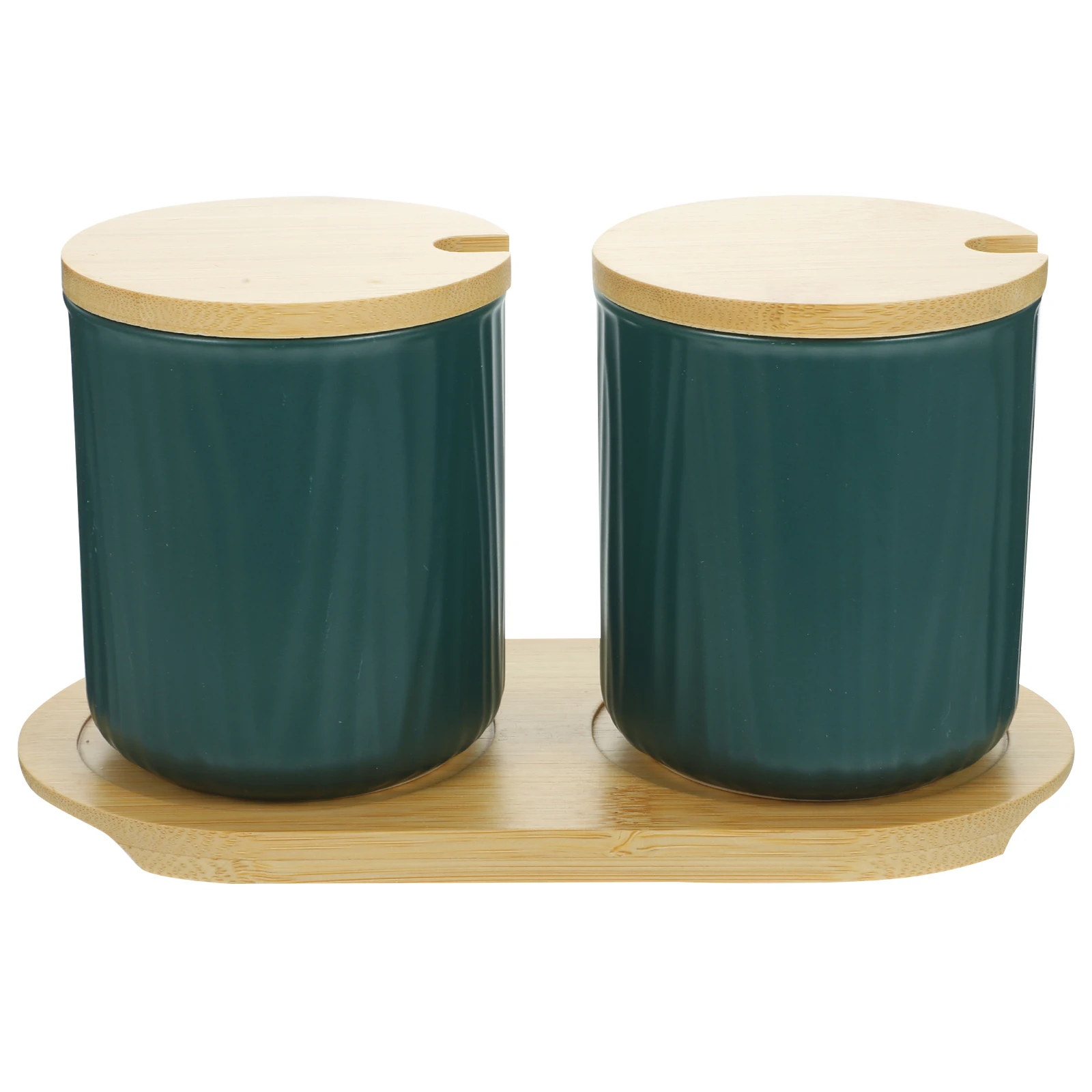 

2Pcs Ceramic Seasoning Jar Set Matte Green Bamboo Tray 2Spoons Airtight Kitchen Spice Containers Storage Holder EcoFriendly