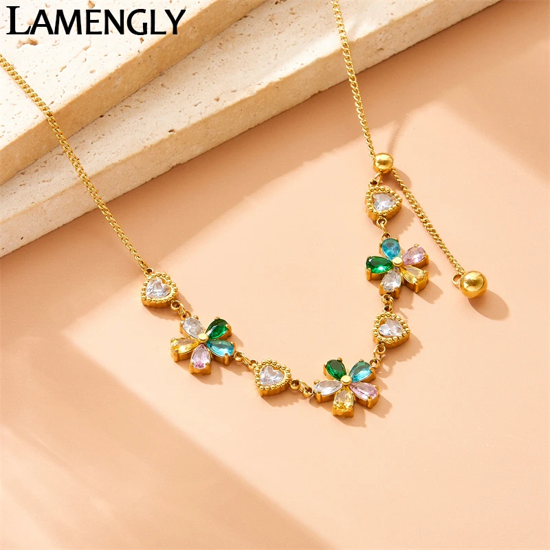 

LAMENGLY 2024 New 316l Stainless Steel Light Luxury Romance 5-Color Rhinestone Flower Heart Choker Necklace Women Holiday Gifts