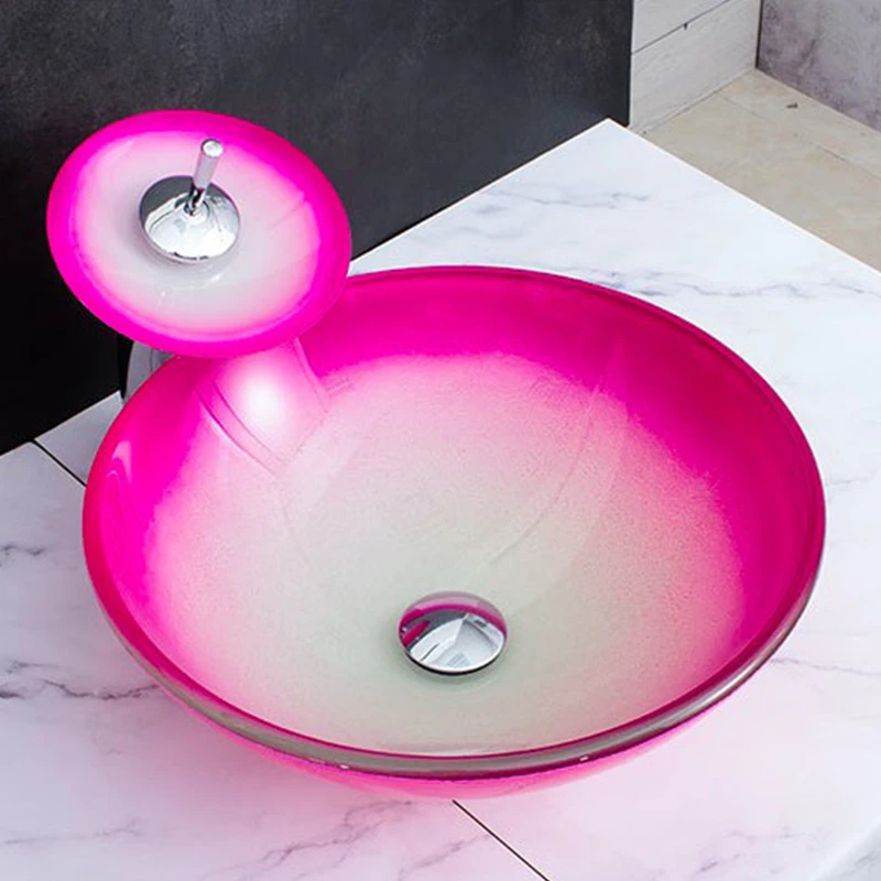 

Tempered Glass Sink Gradient Rose Red Round Art Countertop Bathroom Washbasin Modern Minimalist Vessel Basin With Waterfall Sets