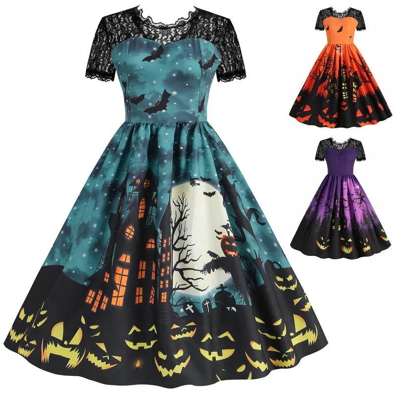 

New lace Halloween dress women's short sleeved retro party carnival costume elegant evening dress S-XXXL clothing spot wholesale