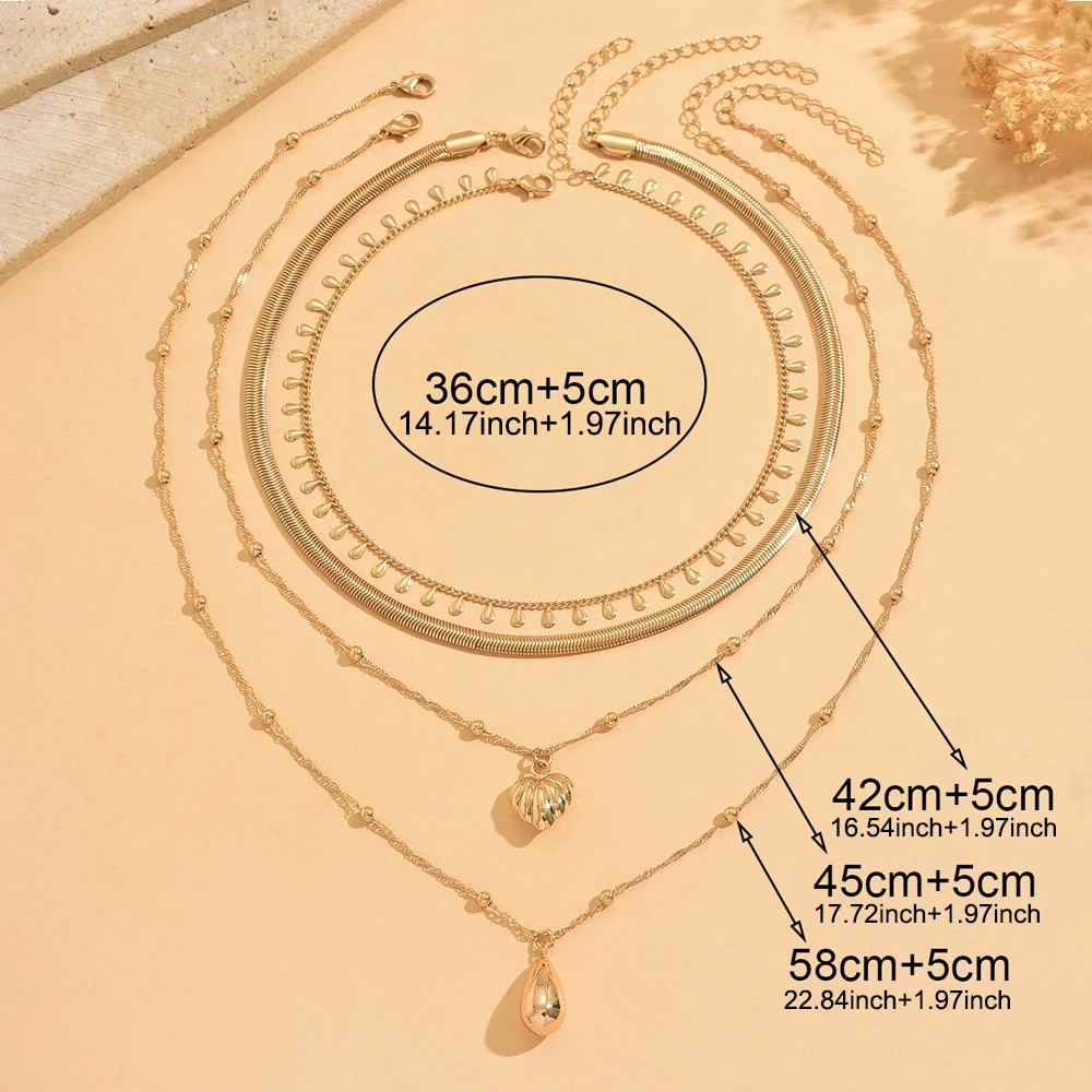 4 Layered Gold Tone Snake Chain Necklace for Women Stackable Heart Teardrop Pendant Minimalist Daily Party Festival Gift