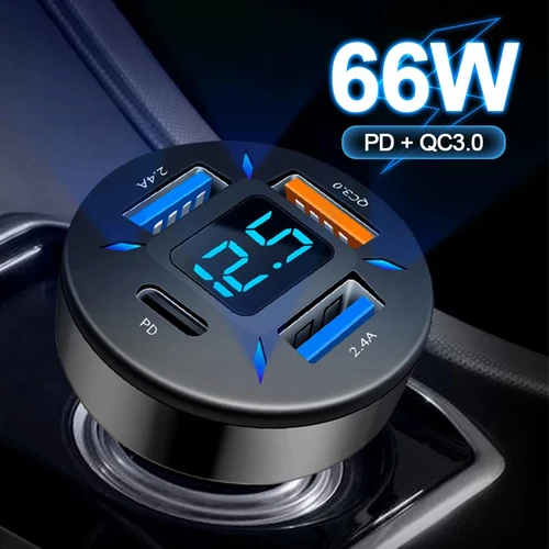Cargador de coche USB de 66W, carga rápida PD QC3.0 con voltímetro, enchufe de encendedor de cigarrillos, adaptador de corriente para iPhone 11, 12, Samsung, Xiaomi