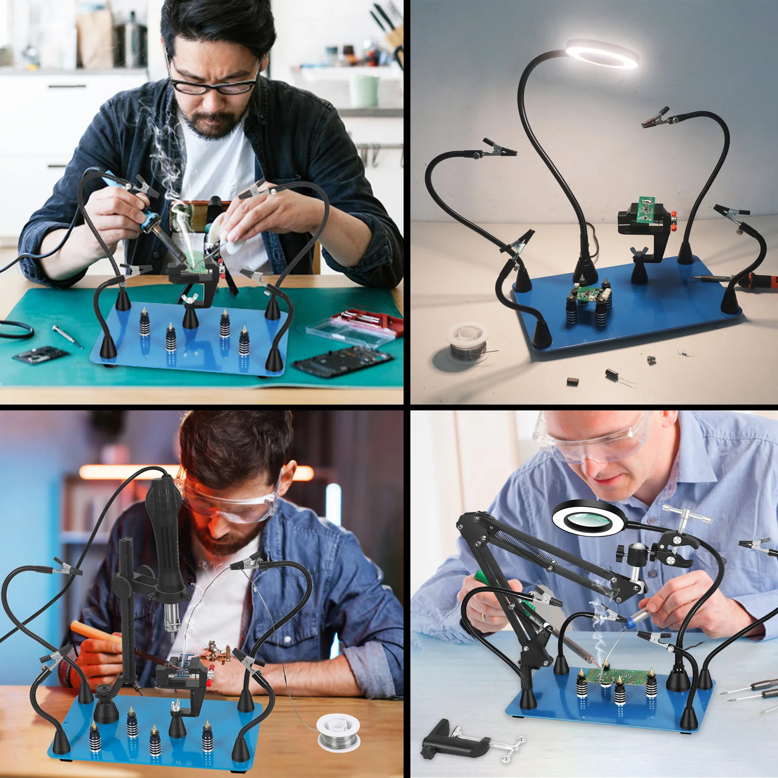 Ferramenta Toolour-Solda Terceira Mão, Magnetic Helping Hands, PCB Circuit Board Holder, 3X LED Lamp ampliação