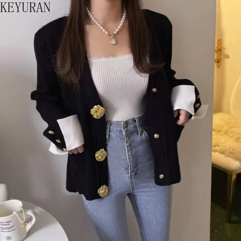 2024 Autumn Winter Korean Chic Knitted Cardigan Women Elegant V-neck Long Sleeve Contrast Color Gold Button Sweater Coat Jumpers