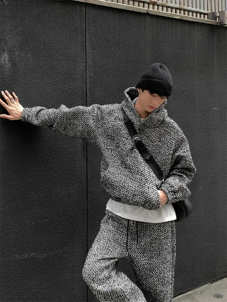 

Autumn winter small fragrance style thickened heavy sportswear loose retro men's hooded sweatshirt casual suit trendy JJ1347