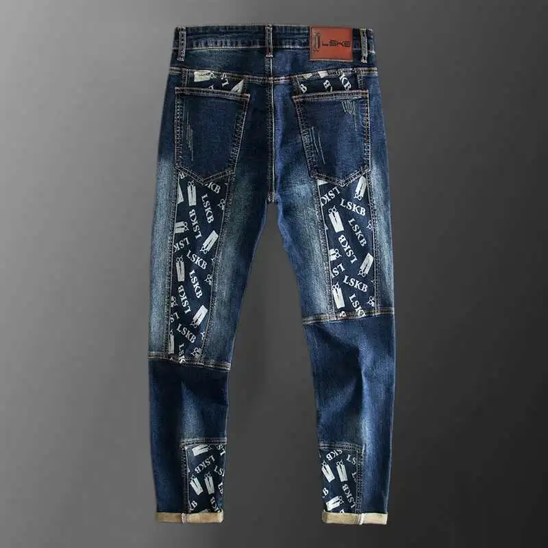 Fashion High Quality High Street Stitching Printed Men\'s Jeans Men Legging Slim Fit Men\'s Jeans American Style Pattern Jeans