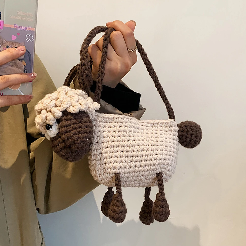 Cute Crochet Sheep Bag Hand Knitted Animal Crossbody Bag Mini Woven Shoulder Purse Coin Lipstick Phone Storage
