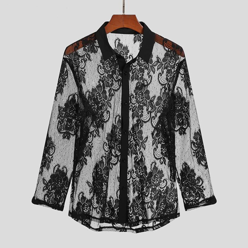 2024 Fall Sexy Transparent Lace Shirts Mens Vintage Turn-down Collar Florals Embroidery Tops For Men Casual Buttoned Mesh Shirt