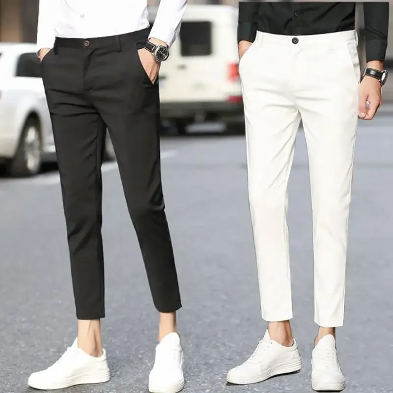 Slim Fit White Tressed Male Suit Trousers Business Social Tailoring Stretch Men's Summer Pants 9 Cropped Elastic Clothes Offer