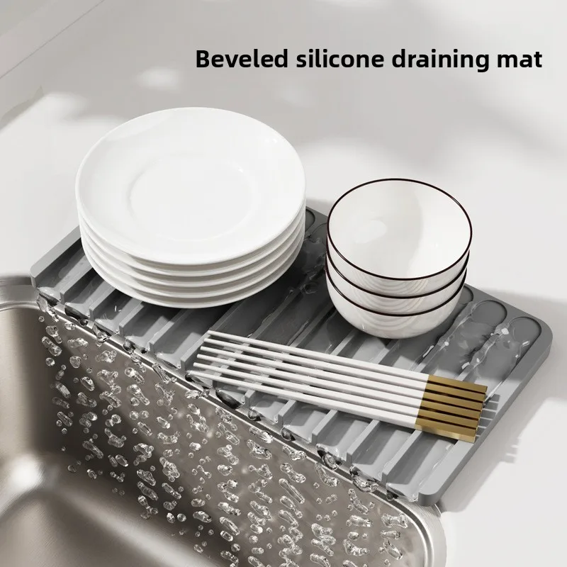 Sloped Sink Side Drainage Mat with Runoff Channel - Kitchen Counter Drying Rack Organizer for Dish, Utensil and Cutlery Use