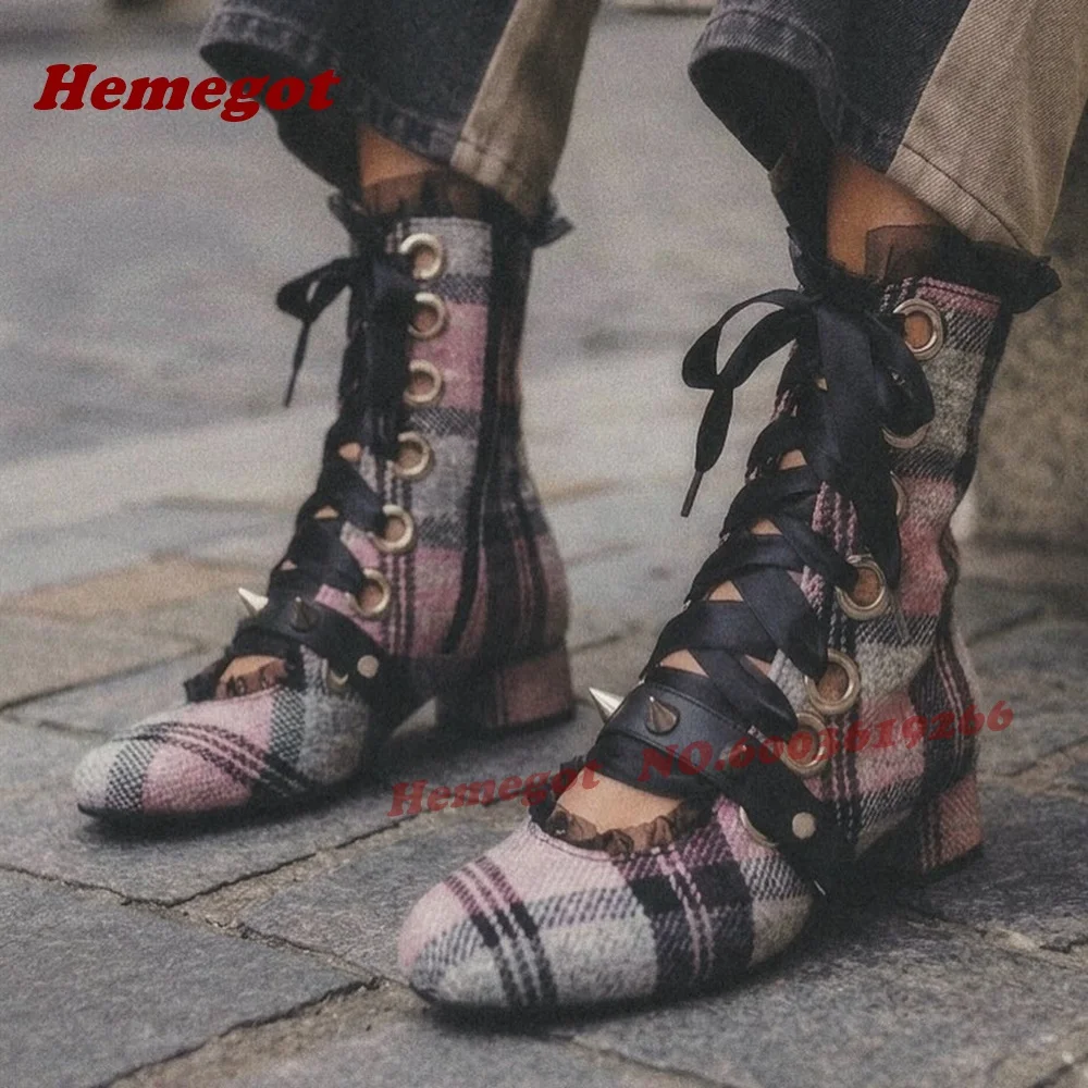 

Spiked Strap Ruffle Trim Block Heel Goth Lolita Pumps Round Toe Cross Tied Lace-Up Women's Booties Patchwork Summer Autumn Shoes