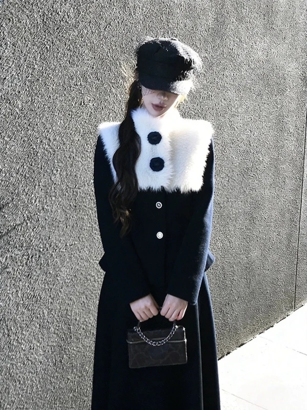 

Зимний женский шерстяной костюм Ele: юбка миди с высокой талией и кардиган с большим меховым воротником, длинными рукавами и застежкой на пуговицах