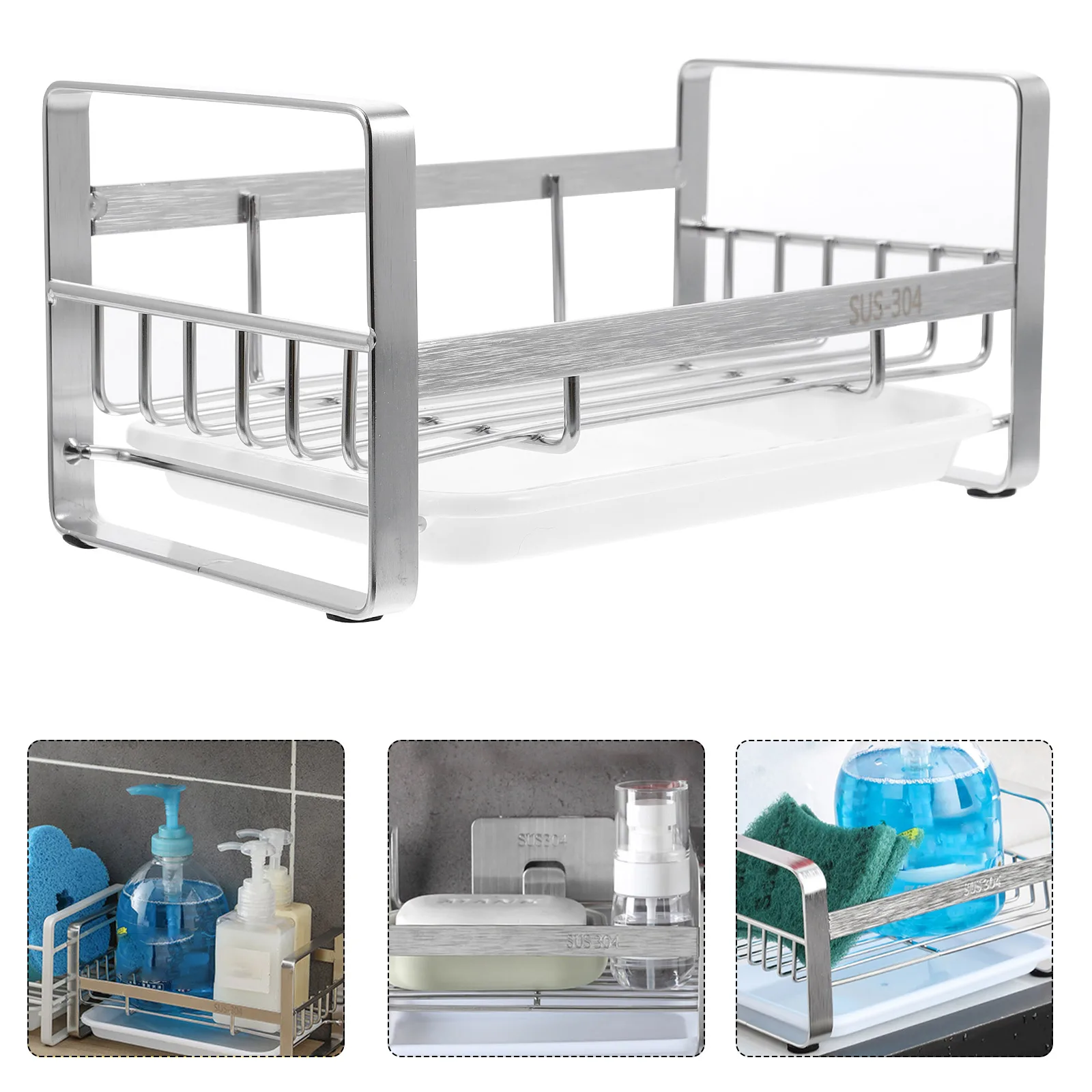 

Stainless Steel Sponge Rack Drain Holding Shelf Kitchen Sink Storage ganizer Non Slip Bottom Design Compact Place