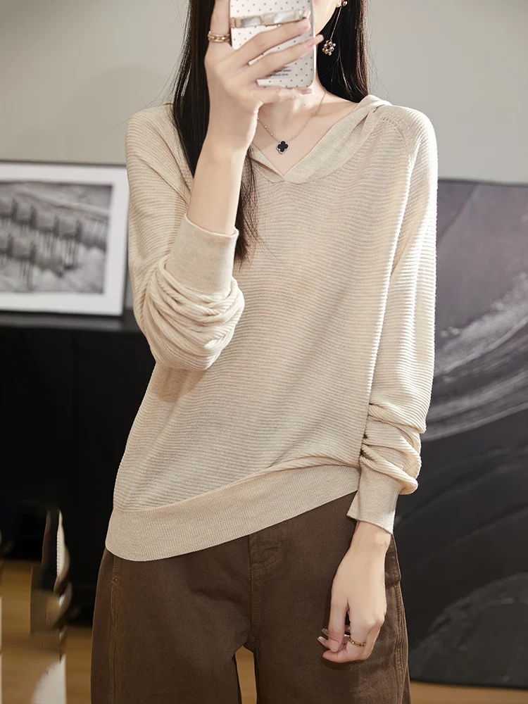 Women Purl-Knit Textured Hooded Sweater Silk Wool Hoodie Spring Knit Pullover Knit Exquisite Layering Knitwear Soft Chic Relaxed