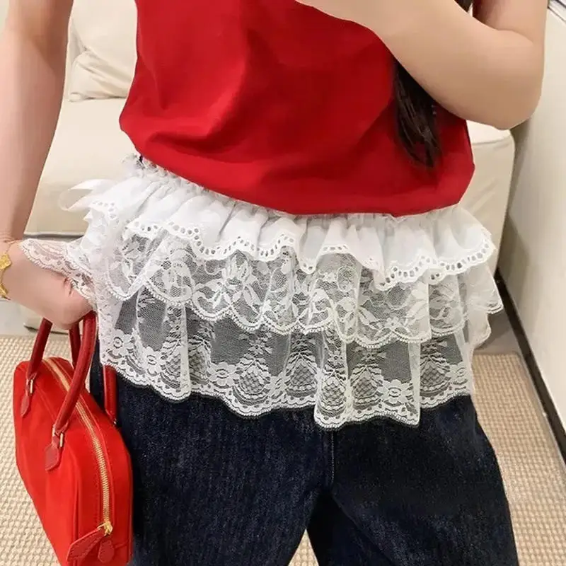 韓国のユニークなレースレイヤードガーゼスカートレーストリムAラインショートクロスミニウエストスカート原宿ガールズファッション白スカート