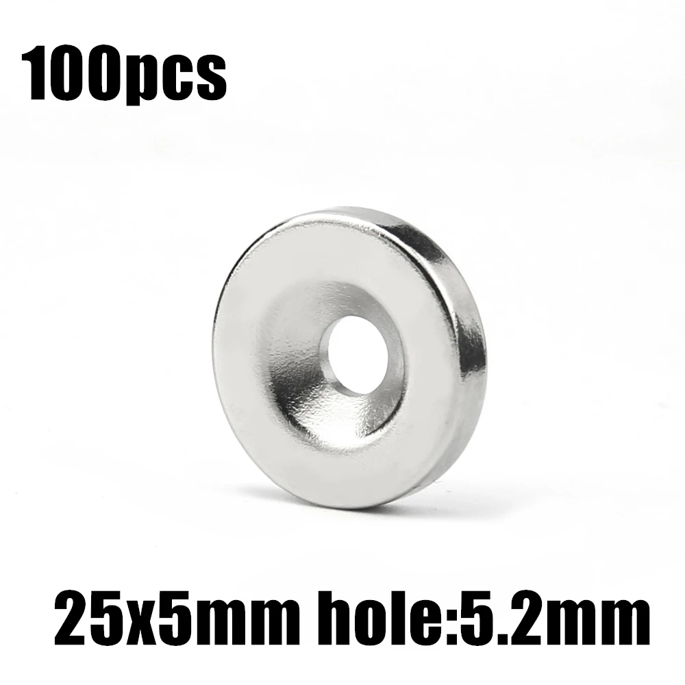 100pcs 25x5mm Hole: 5.2mm super Strong Round Neodymium Countersunk Ring Magnets Rare Earth N35