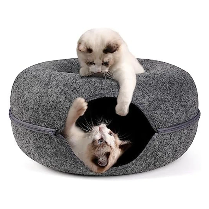 Peekaboo-Cat-Cave Felt Cat-Tunnel Bed For Indoor Cats,Detachable Round Cat-Felt & Washable Interior Cat-Play Tunnel