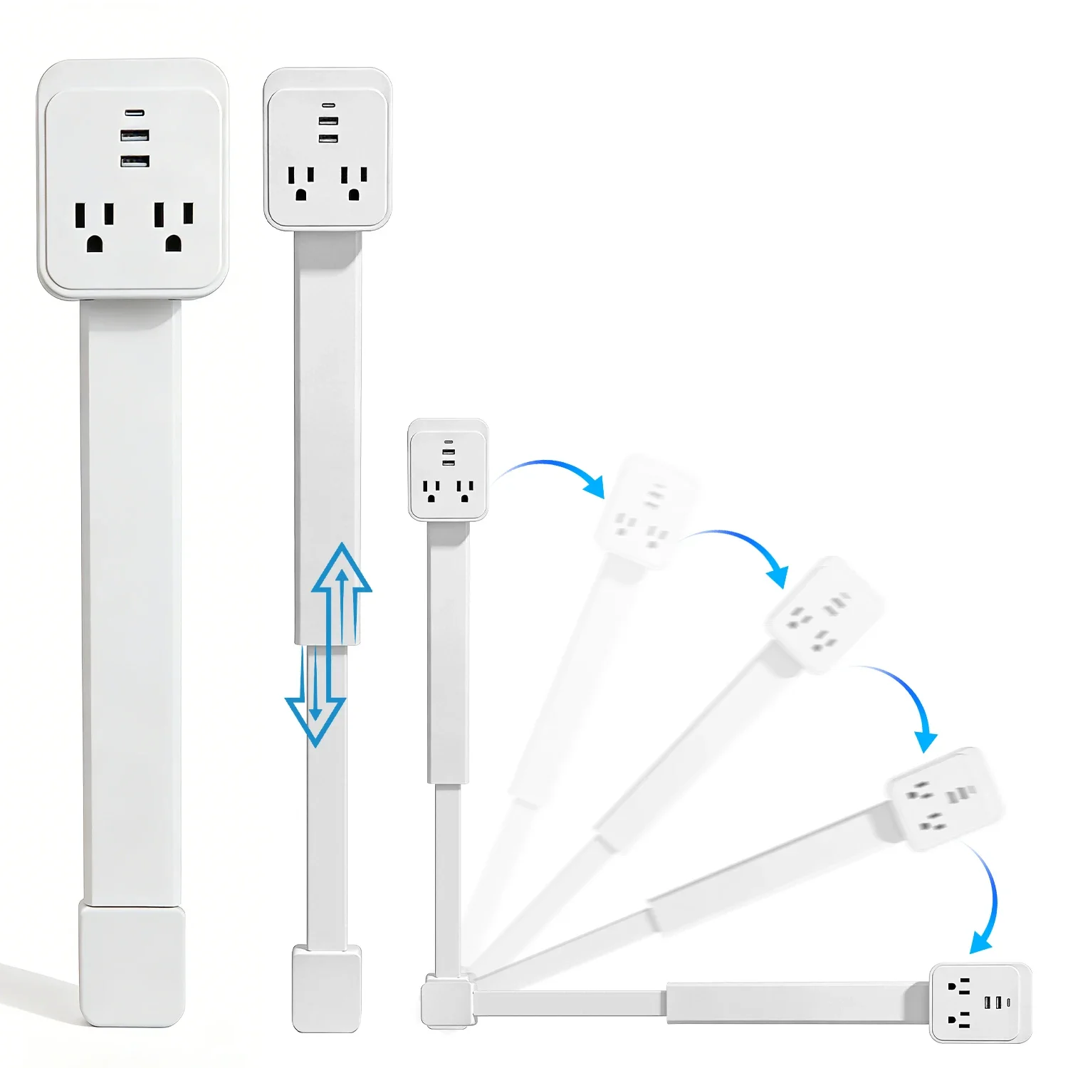 

180° Rotate Extendable Power Strip 17-25" Outlet Extender USB C A Fast Charge 2AC Space Saving Sofa Bed Hidden Wall Socket