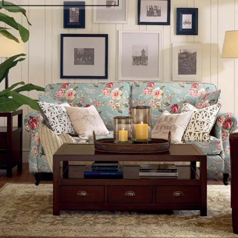 American cotton and linen simple French double triple Mediterranean fabric pastoral living room sofa