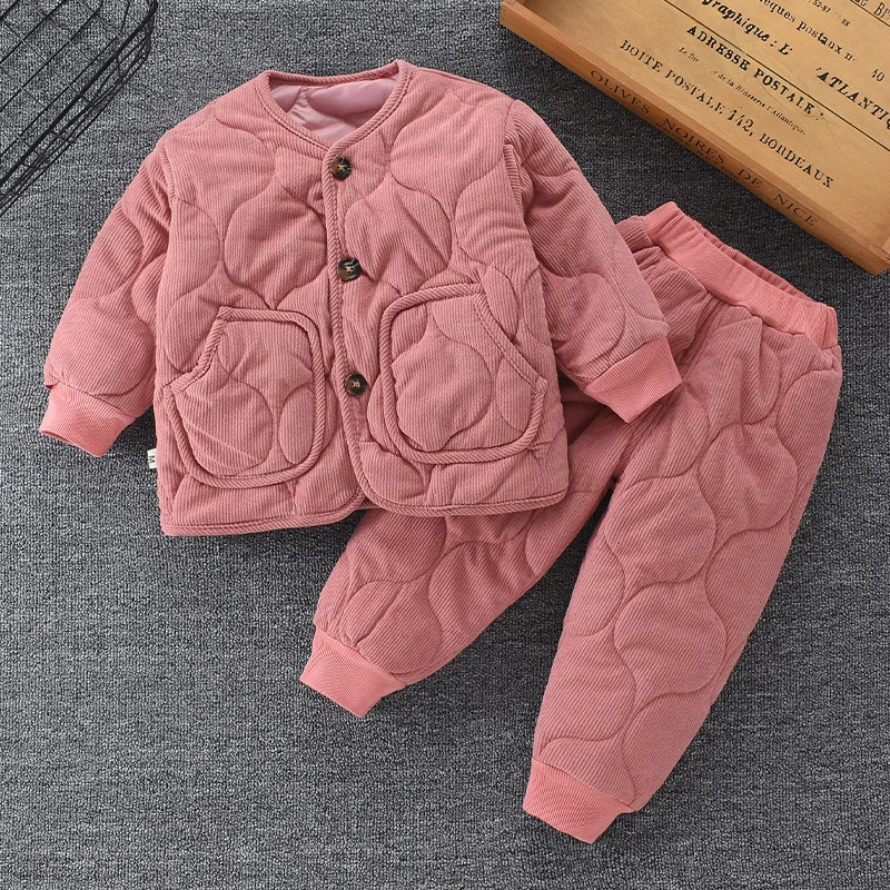 Children's Cotton Set Autumn/Winter New Boys Girls' Corduroy Single breasted Solid Color Round Neck Warm Set Baby Two Piece Se