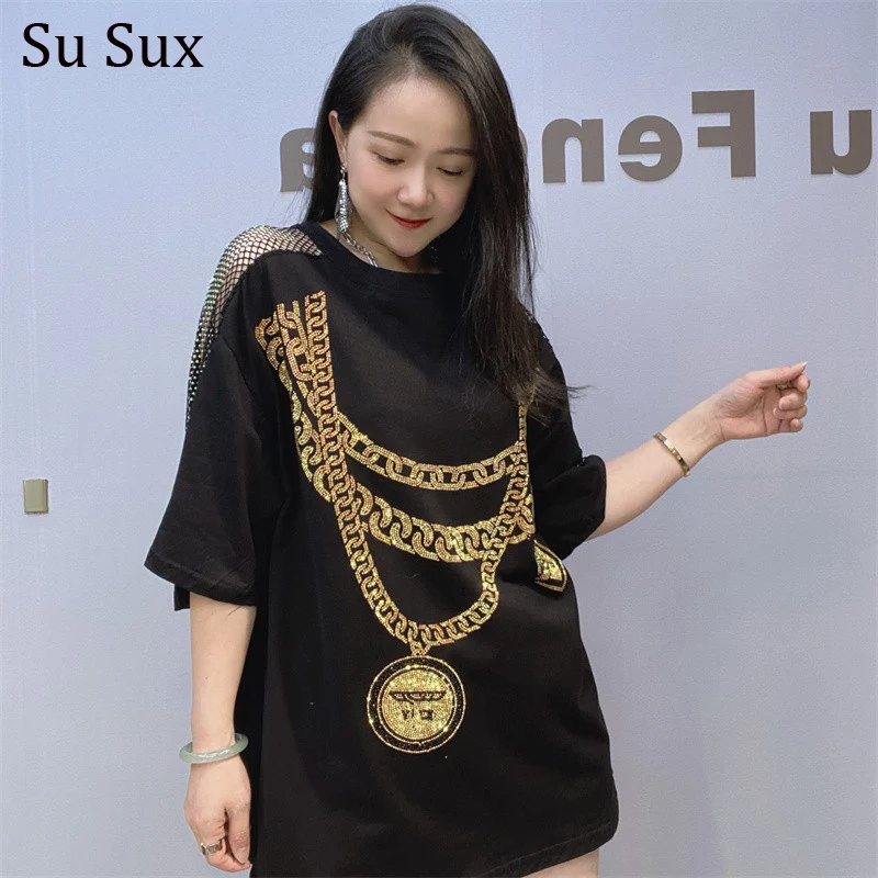 Casual Hollow Out Patchwork Black T Shirt Tops Women 2024 Summer Pullover O Neck Short Sleeve Tees Vestidos Streetwear Bust 120