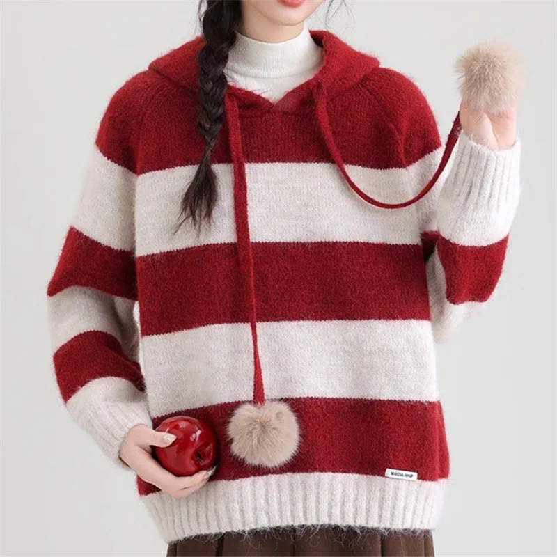 

Винтажный полосатый осенне-зимний новый вязаный свитер, повседневный спортивный свободный удобный пуловер с капюшоном, женский топ