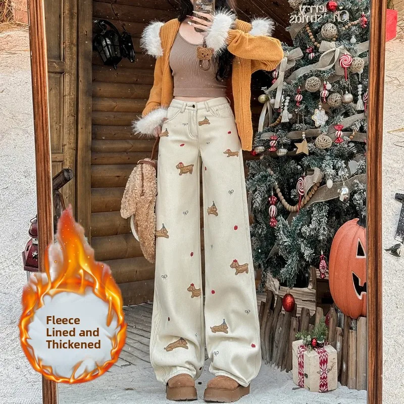 

Fce Lined Thiened Cartoon Sausage Dog Embroidered Straight Leg Denim Jeans Women Autumn Winter High Waist Slim Wide Leg ...