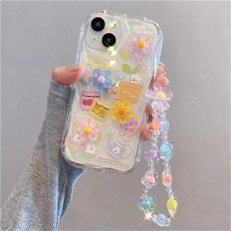 Lovely 3D Cartoon Flower Chain Phone Cases For iPhone 15 Pro Max