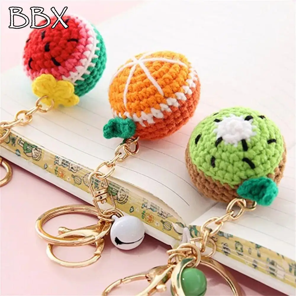 Cute Knitted Fruit Keychain Lemon Donut Car Keychain Creative Crochet Strawberry Watermelon Orange Pendant Keyring