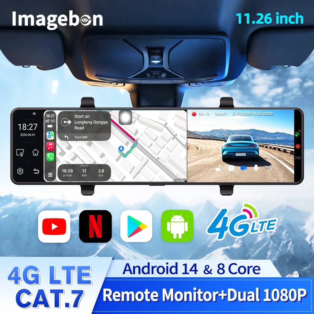 Imagebon 11.26'' M11 4G LTE Rearview Mirror Camera Android 14 Wireless CarPlay & Android Auto GPS Navigation Dual 1080P DashCam