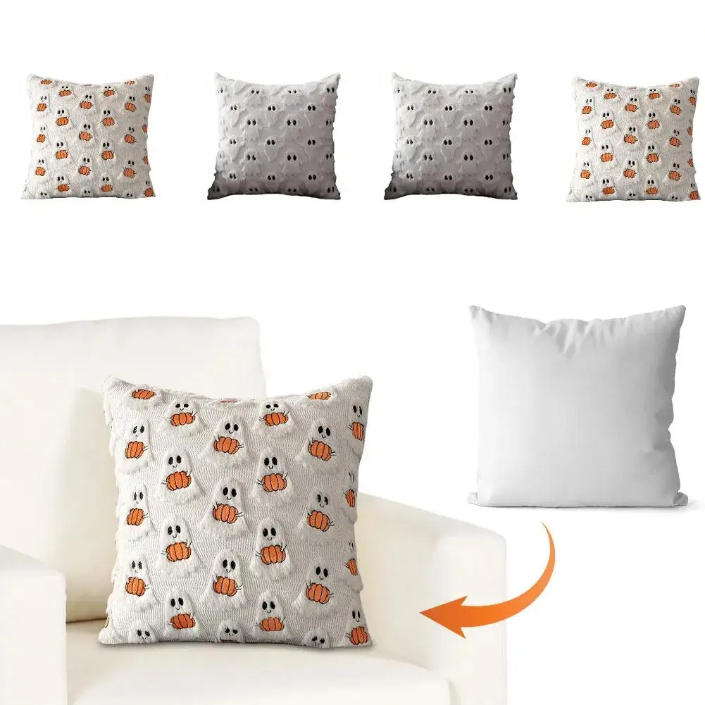 Ghost Pumpkin Plush Faux Fur Pillow Covers 18x18 Inch Soft Halloween Decor for Sofa Couch Bed Living Room, White Bright Orange - view 5