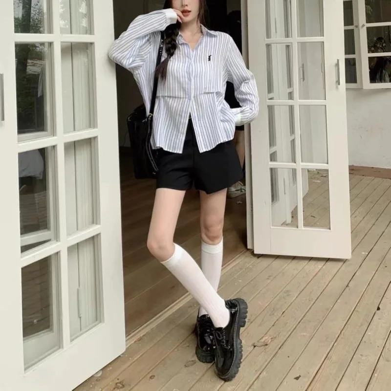 Deeptown Vintage Long Sleeve Striped Shirts Youthful Woman Korean Style Y2k Blouses Japanese Harajuku Fashion Female Tops Summer