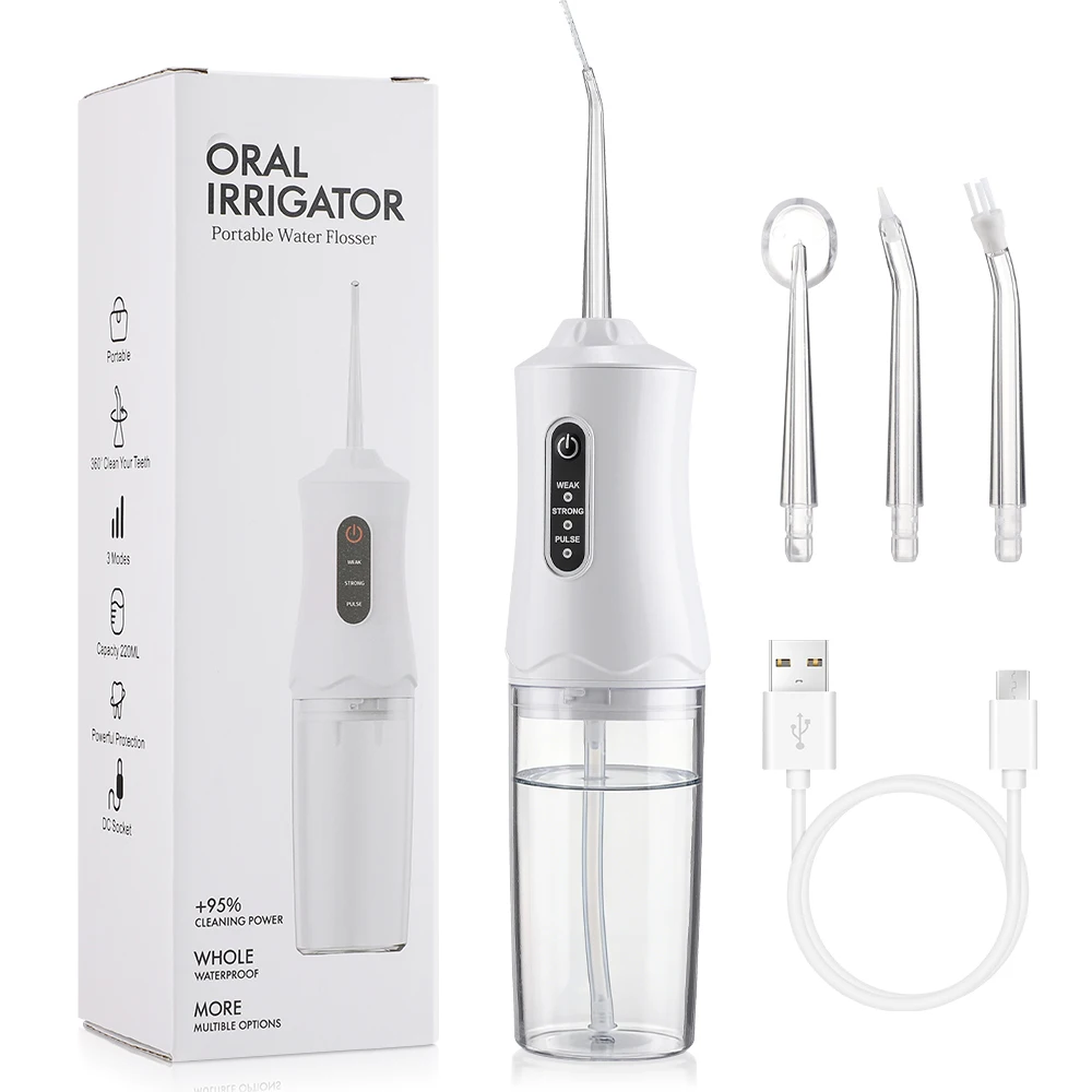 

Oral Irrigator Portable Dental Water Flosser USB Rechargeable Water Jet Floss Tooth Pick 4 Jet Tip 220ml 3 Modes IPX7 1200rpm