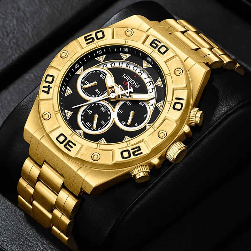 

NIBOSI Mens Watches Top Brand Luxury Gold Quartz Watch for Men Sport Waterproof Chronograph Men Wristwatches Relogio Masculino