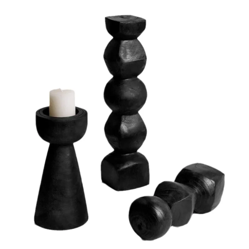 Creative Black Carbonized Wood Geometric Candlestick For Living Room Desktop Decoration Nordic Retro Handmade Small Crafts