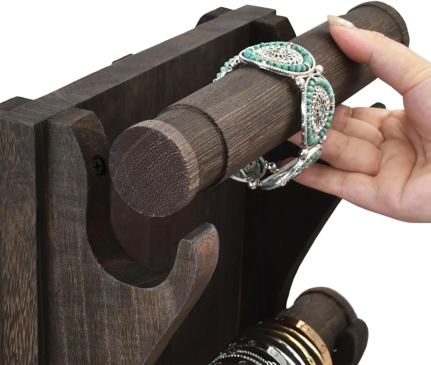 Two-Sided Rotating Wooden Jewelry Stand, 6 Removable Holders, 3-Tier Bangle Organizer, Dark Brown