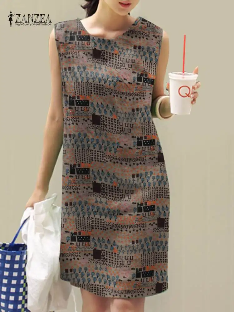 ZANZEA 2024 Summer Floral Dress Bohemian Printed Sundress Women Vintage O Neck Sleeveless Vestido Causal Robe Work Sarafans