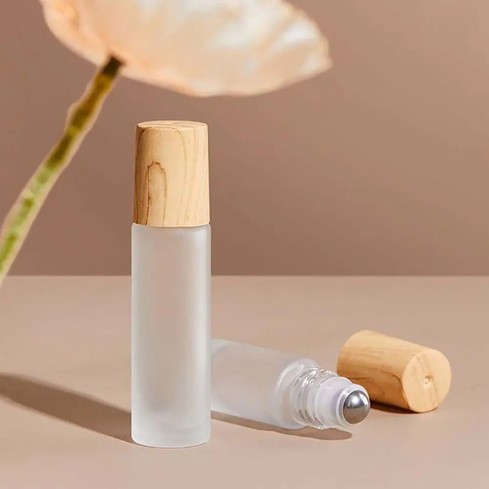 

5/10ml Empty Bottle Frosted Glass Roll on Steel Ball Essential Oil Vials Wood Grain Cover Roller Ball Massager Travel Outdoor