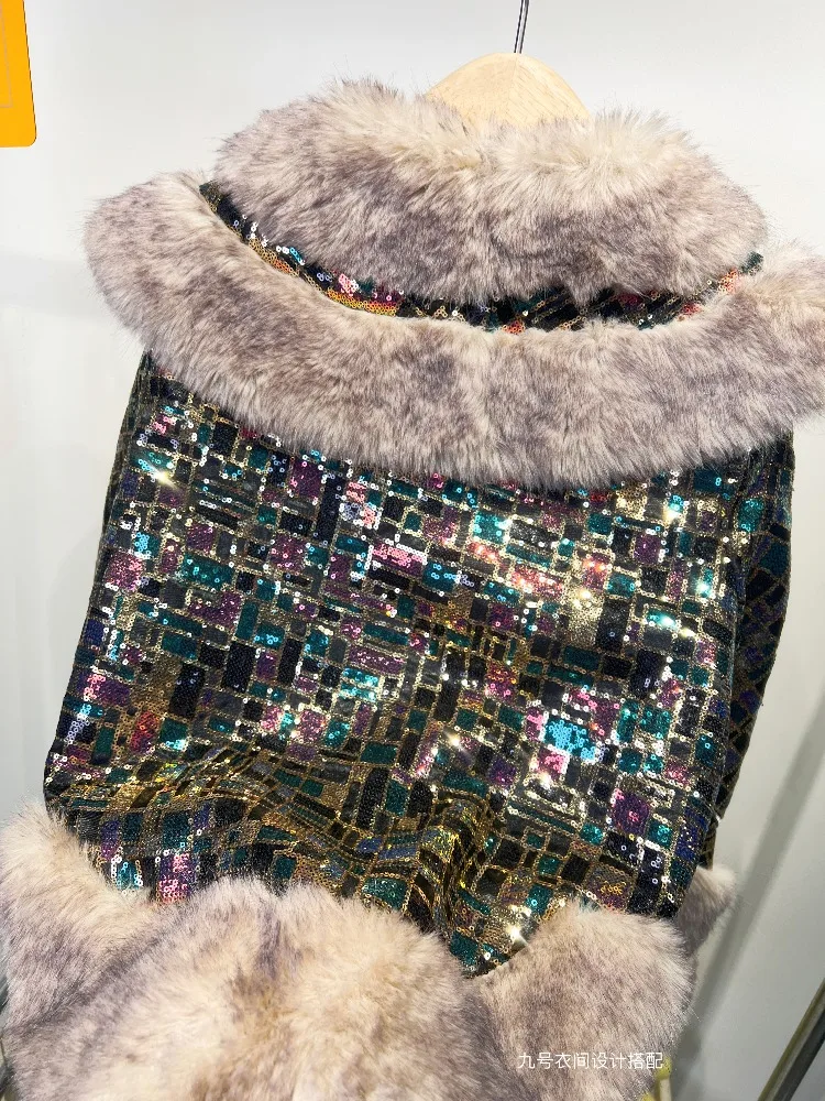 2025 New Fashion Heavy Sequin European Mink Fur Women's Design Loose Warm Versatile Winter Coat Faux Fur Coat Women