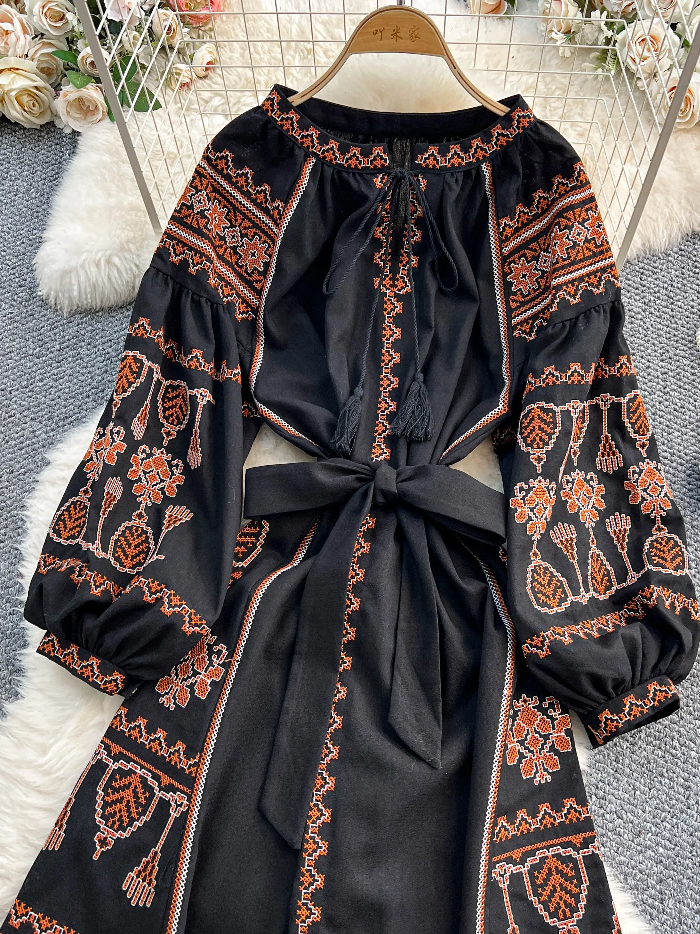 Lantern Sleeves Loose Lace-up Waist Women Long Dress Embroidery Black Bohemian Ethnic Seaside Vacation Beach Boho