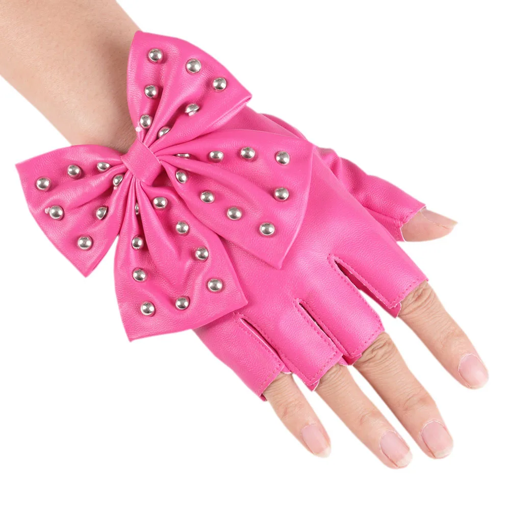 

Fashion Hip-hop Imitation Leather Rivet Ladies Half-finger Bow Gloves Nightclub Bar Show Pole Dance Show Dancing Jumpy Gloves