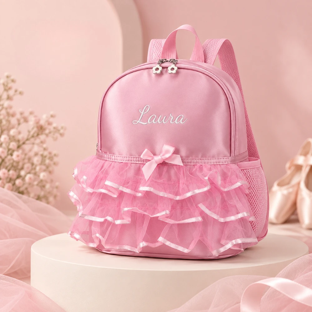 Rosa Rucksack mit besticktem Namen und Schleife, süßer mehrschichtiger Prinzessinnen-Rüschen-Tüll-Rucksack, perfekt als Geburtstags- und Weihnachtsgeschenk – Detail 10