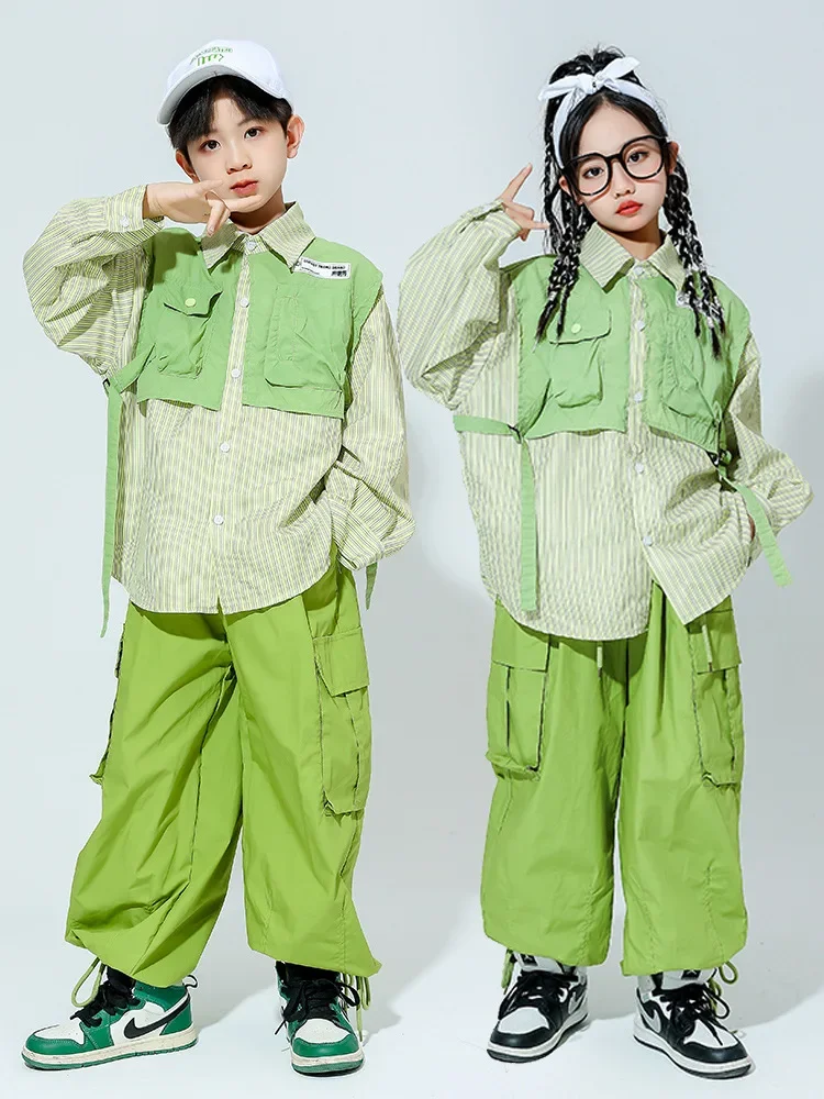 Kids Hip Hop Clothing Green Tops Streetwear Harajuku Jogger Tactical Cargo Pants for Girls Boys Dance Costume Clothes