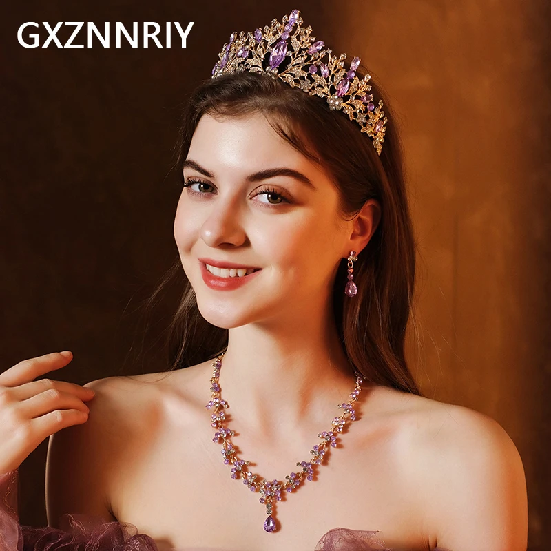 

Bridal Jewelry Sets for Women Accessories Purple Crystal Gold Color Crown Necklace and Earrings Set Trendy Party Bridesmaid Gift
