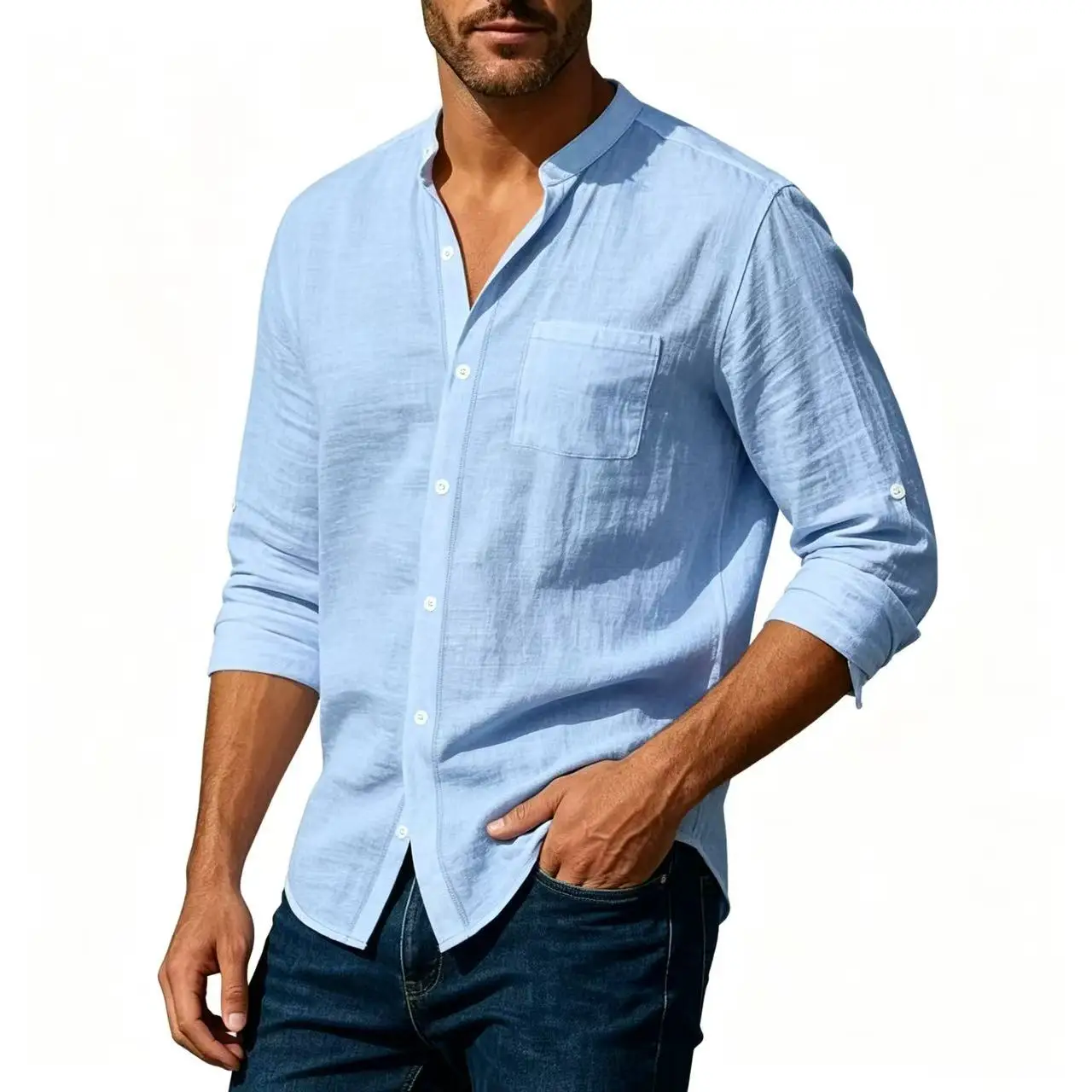 

Summer Hot Sale Men Cotton Linen Henley Shirt, Long Sleeve Solid Slim Fit Breathable Top