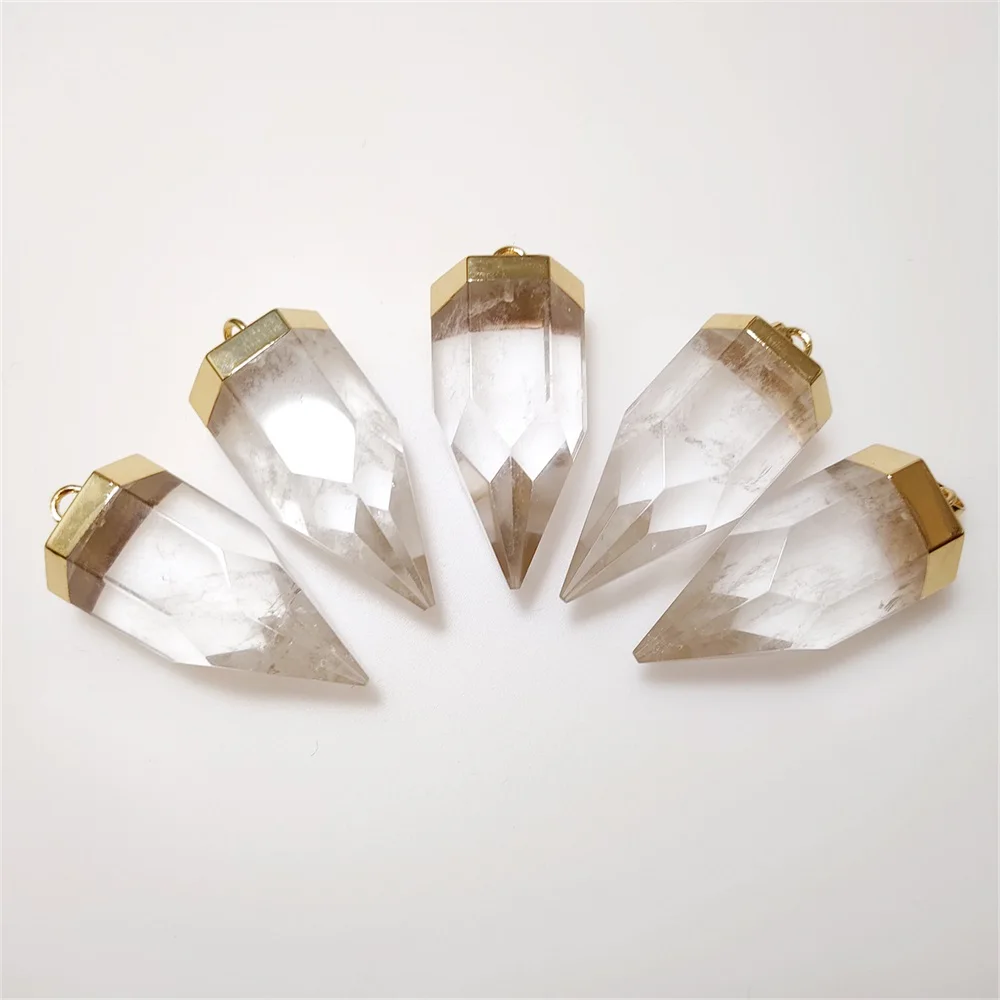 FUWO Wholesale Crystal Quartz Thick Spike Pendant,Golden Plated Natural Stone Accessories For Necklace Making PD326C 5Pcs/Lot