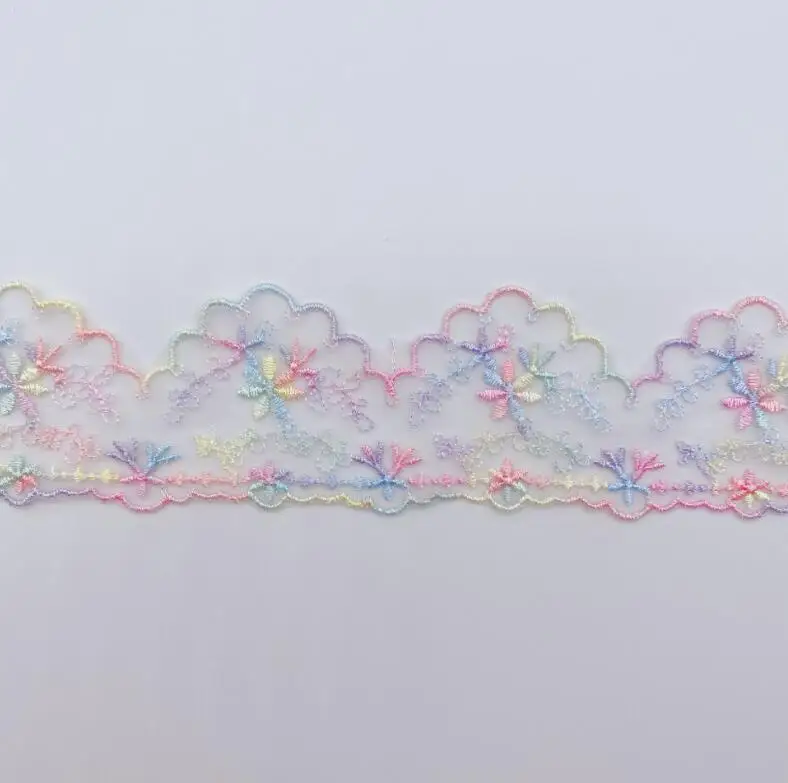 2 Meters Width 4.4cm Mesh Rainbow Floral Pattern Embroidery Soft Lace Trim For Garment Clothing Wedding Derocation