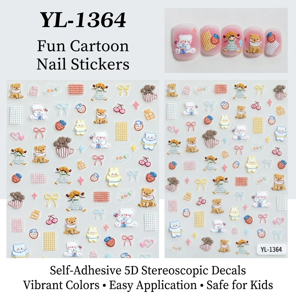 Sweet Cartoon 5D Nail Art Stickers Korean Lovely Bear Bowknot Strawberry Self Adhesive Nail Decals Manicure Decorations