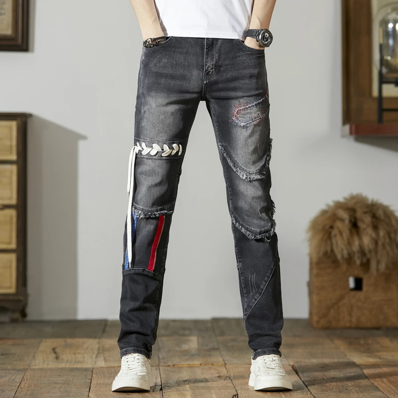 Men's Stitching Jeans Trendy Retro Washed Black Personalized Handsome Slim-Fitting Stretch Pencil Pants Motorcycle Long Pants